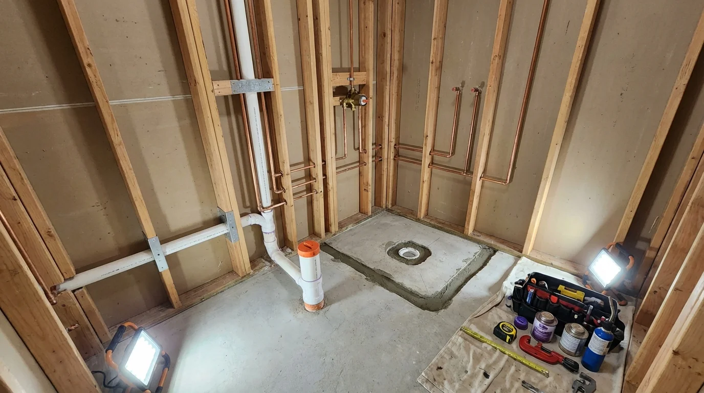 Bathroom rough-in plumbing during remodel by Johns Plumbing LLC in Carbon Cliff