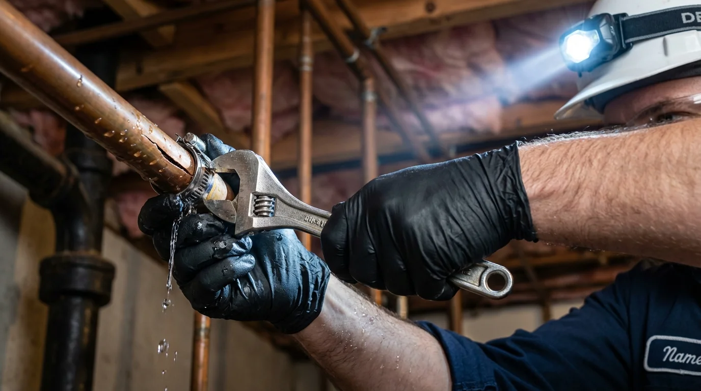 Emergency pipe clamp repair being performed by a Johns Plumbing LLC plumber in Carbon Cliff