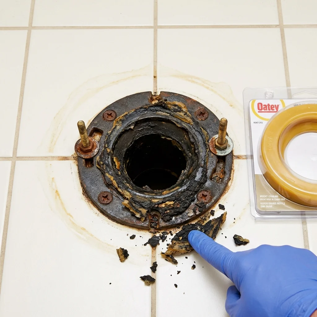 Failed wax ring showing water seepage at the base of a toilet in a Carbon Cliff, IL home