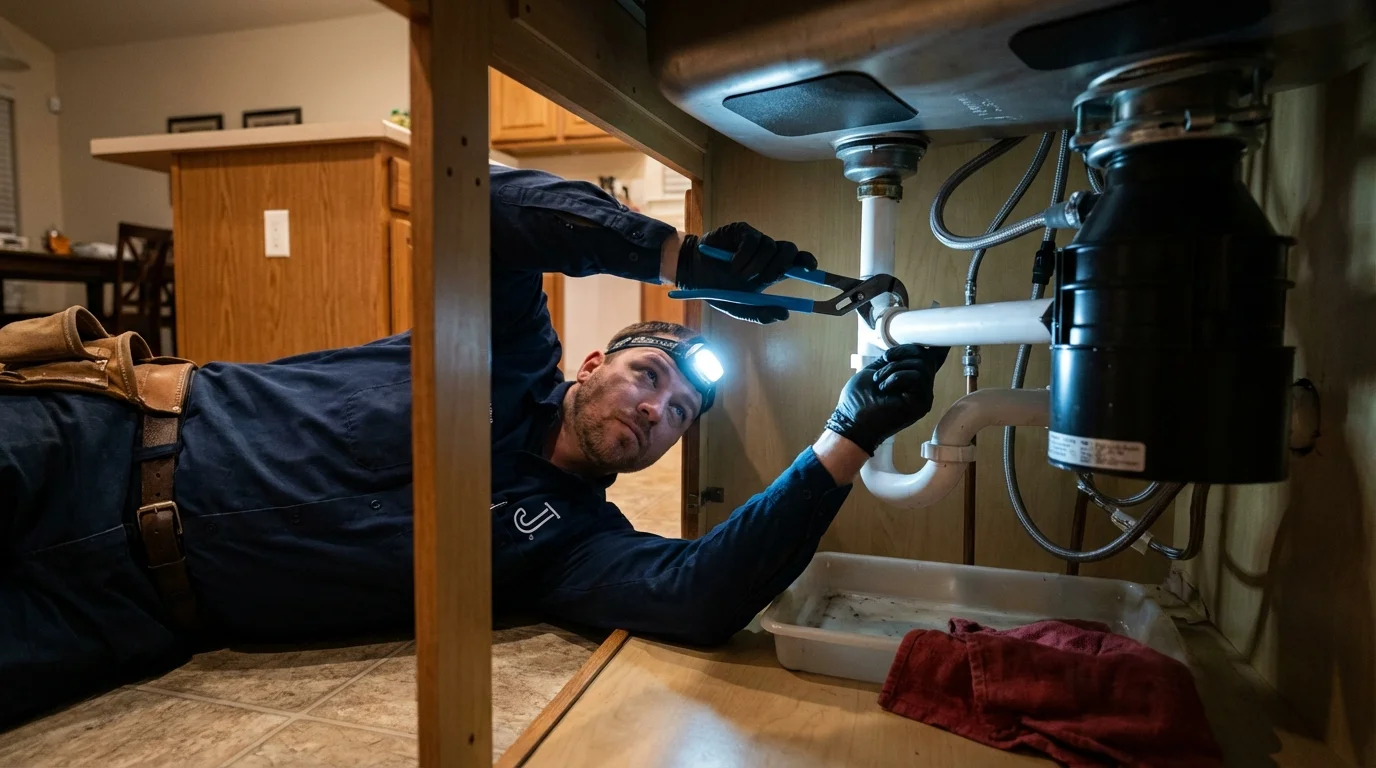 P-trap and supply line connections under a kitchen sink showing a common leak point in Carbon Cliff, IL